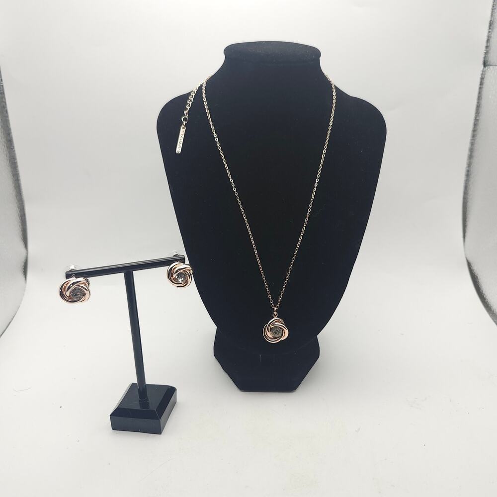 T Tahari Rose Gold Tone Clear Rhinestone Knot Pendant Necklace Post Earring Set